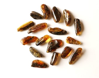 May include: A collection of amber stones in various shades of brown and yellow. The stones are irregularly shaped and have a translucent appearance.