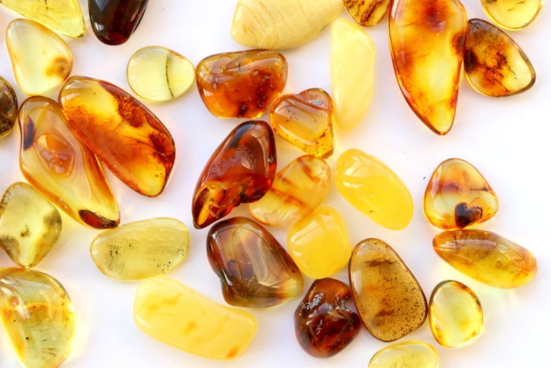 May include: A collection of amber stones in various shades of yellow, orange, and brown. The stones are smooth and polished, with some showing inclusions of insects or plant matter.