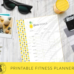 Digital Fitness Tracker 8.5 x 11, Letter Size Downloadable, Printable Motivational Fitness Planner Tropical Pineapple Pattern image 2