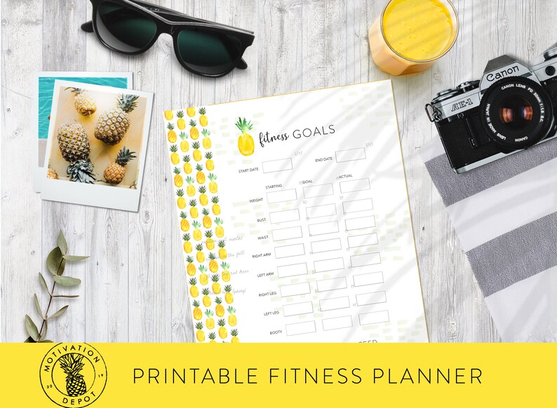 Digital Fitness Tracker 8.5 x 11, Letter Size Downloadable, Printable Motivational Fitness Planner Tropical Pineapple Pattern image 2