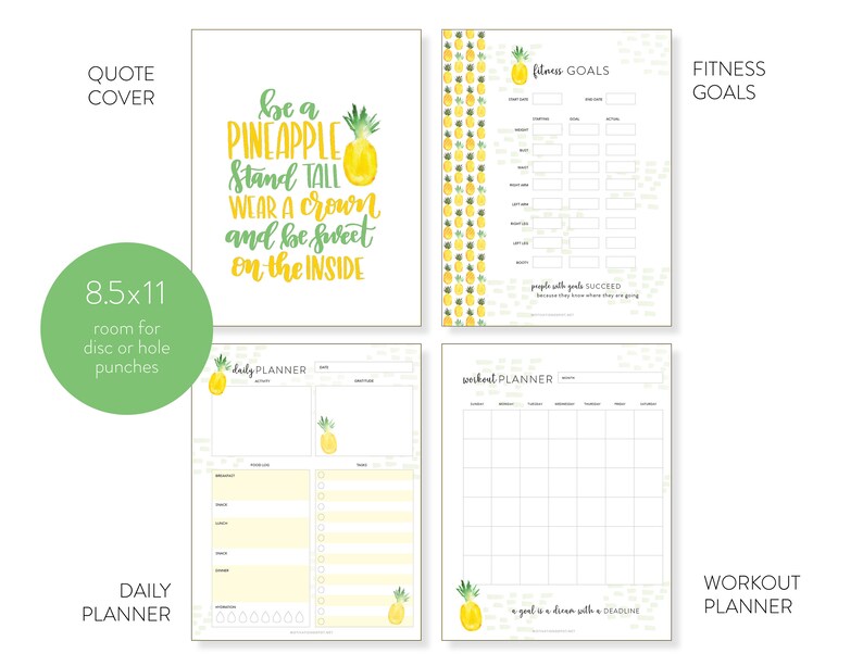 Digital Fitness Tracker 8.5 x 11, Letter Size Downloadable, Printable Motivational Fitness Planner Tropical Pineapple Pattern image 1
