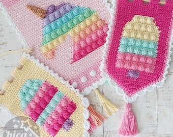 Unicorn and Icecream Popit wall hanging - PDF pattern - crochet pattern - deco room - wall kids deco