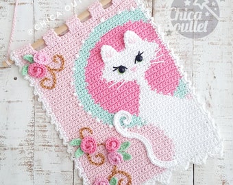 Romantic white cat wall hanging - PDF pattern - crochet pattern - deco room - wall kids deco