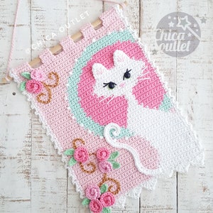 Romantic white cat wall hanging - PDF pattern - crochet pattern - deco room - wall kids deco