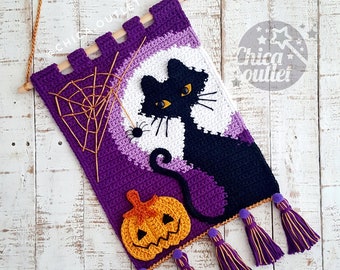 Halloween black cat wall hanging - PDF pattern - crochet pattern - deco room - wall kids deco