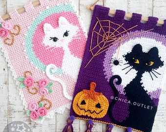 Pack black cat and white cat wall hanging - PDF pattern - crochet pattern - deco room - wall kids deco