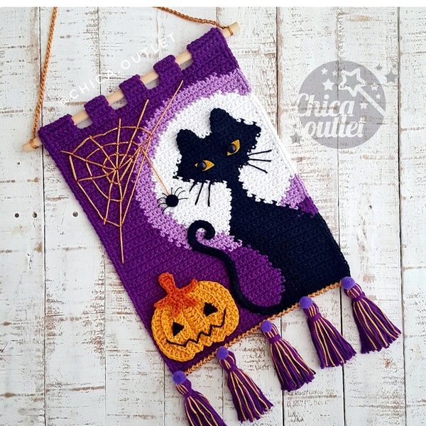 Halloween black cat wall hanging - PDF pattern - crochet pattern - deco room - wall kids deco