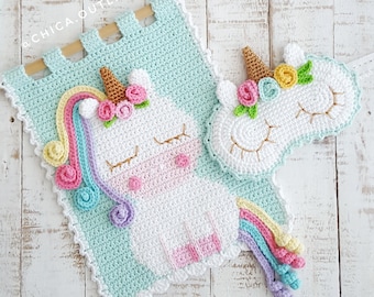 Pack Unicorn - wall hanging + sleeping mask - PDF pattern - crochet pattern - deco room - wall kids deco