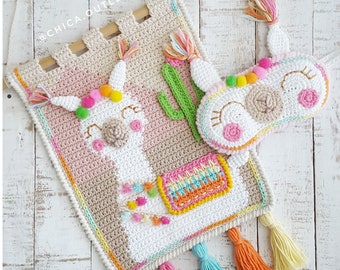 Pack Llama - wall hanging + sleeping mask - PDF pattern - crochet pattern - deco room - wall kids deco