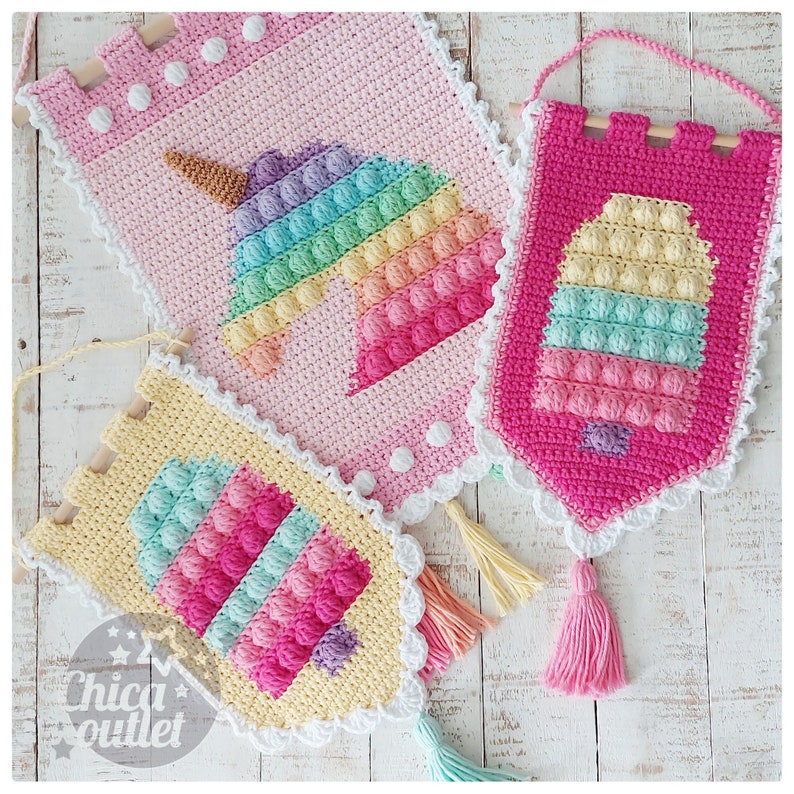 Unicorn and Icecream Popit wall hanging PDF pattern crochet pattern deco room wall kids deco image 1