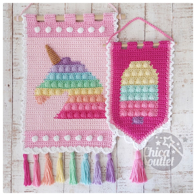 Unicorn and Icecream Popit wall hanging PDF pattern crochet pattern deco room wall kids deco image 5