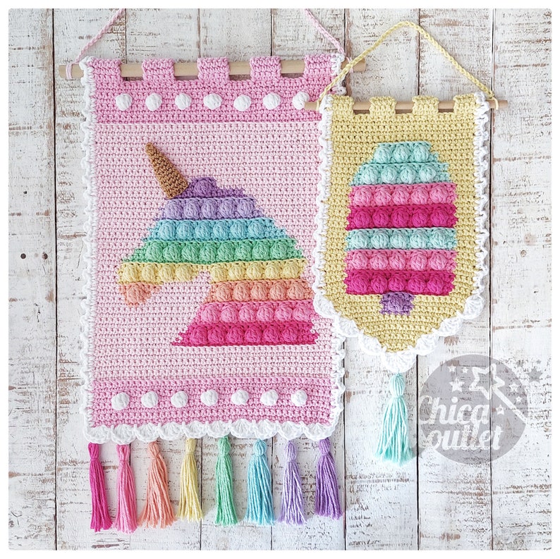 Unicorn and Icecream Popit wall hanging PDF pattern crochet pattern deco room wall kids deco image 6