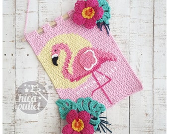 Tropical flamingo wall hanging - PDF pattern - crochet pattern - deco room - wall kids deco