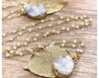 Gold Leaf Necklace, Druzy Necklace, White Druzy Necklace, druzy pendant, leaf pendant, raw stone necklace, leaf necklace, druzy stone