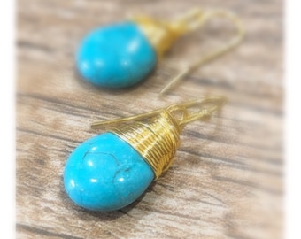 Turquoise Stone Wired Drop Earrings, wired stone earrings, boho earrings, wired earrings, gold earrings, stone earrings