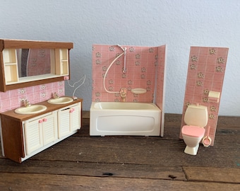 Dollhouse Miniature Bath Shelf with Pink Yellow and Green Accessories Bathroom