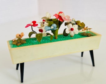 German Mid Century Modern Planter, Paper Flowers, Vintage, Dollhouse Miniature
