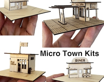 Mini Mid Century Modern Town Building Kits, Diner, Post Office, Market, Service Station, 1:144 scale