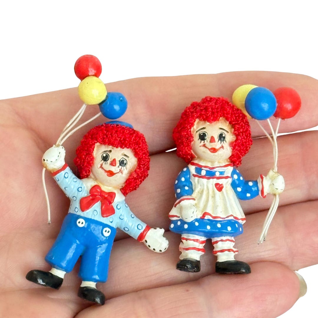 Artisan Raggedy Ann & Andy Miniature Dolls With Balloons Dollhouse