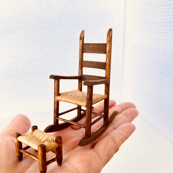 Dollhouse Rocking Chair w Stool, Artisan Solid Wood Miniature Vintage 1:12