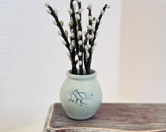 Porcelain Flower Vase, Artisan Pussy Willow, Dollhouse Miniature