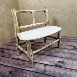 Primitive Wooden Doll Bench | Carved Folk Art Miniature | Large Scale Rustic Dollhouse Furniture