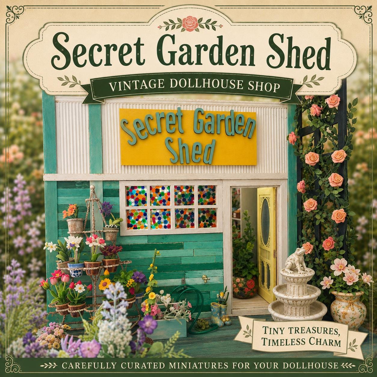 SOLD♡GARDEN　SHEDドールハウス The Secret Garden Shed, Vintage & Artist Crafted Flower