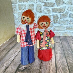 Miniature Vintage Corn Husk Dolls Raggedy Ann & Andy