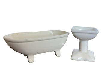 Vintage Dollhouse Porcelain Bathroom Set Clawfoot Bathtub, Pedestal Sink, White 1:12