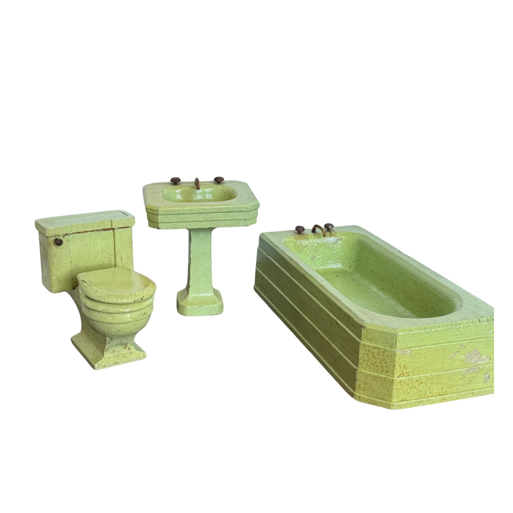 Vintage Strombecker Wooden Bathroom Set - Pastel Green - Rusty Faucets - Dollhouse Furniture