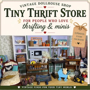 May include: A miniature dollhouse shop display featuring a white shelving unit, a wooden cradle, a small table, and various tiny accessories including a blue stroller, animal figurines, and a tag that reads UPDATES EVERY THURSDAY.