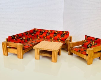 Lundby Dollhouse Living Room Sectional Set Sofa Chair, Vintage 1:16 Furniture