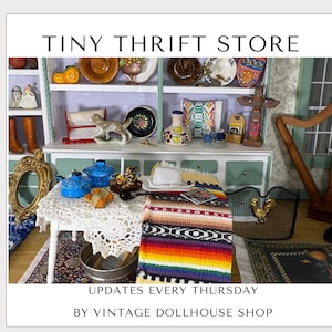 May include: A miniature dollhouse thrift store scene with shelves filled with tiny collectibles. Includes a harp, a woven blanket with rainbow stripes, and the text "TINY THRIFT STORE".