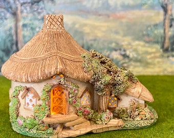 Miniature Cottage House, Clay, Hand Crafted & Painted Includes LED