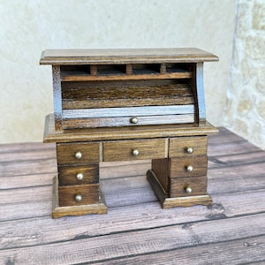 Dollhouse Wood Desk, Roll Top, Vintage Miniature Furniture
