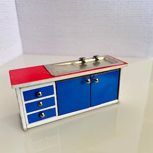 Lundby Metal Top Blue Kitchen Sink Cabinet, 1:16 Scale Vintage Dollhouse