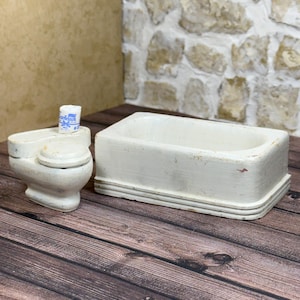 Dollhouse Strombecker Vintage Bathroom, Wood 1:16, Doll Furniture, Bathtub, Sink Toilet