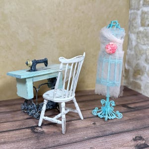 Vintage Dollhouse Miniature Sewing Room Machine, Shabby Chic, Painted Metal & Plastic
