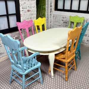 Dollhouse Dining Set Table and Chairs, Shabby Chic Wood Miniature Furniture