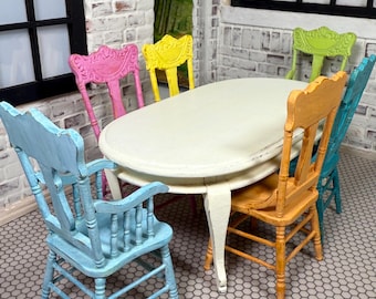 Dollhouse Dining Set Table and Chairs, Shabby Chic Wood Miniature Furniture
