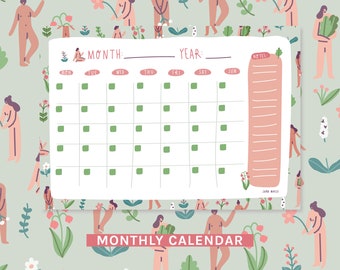 Undated Monthly Calendar | Handrawn Calendar | Digital | Goodnotes | Printable | Flowers | Green | Pink | Sara Maese