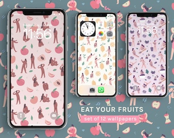 Eat Fruits Wallpaper Set | Hand-drawn Aesthetic Wallpapers | Desktop Illustrations for Iphone & Android | Digital Download | Sara Maese