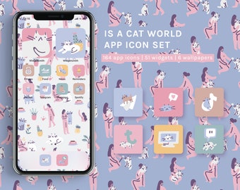 Cat World App Icon Set | Hand-drawn Aesthetic Home Screen for iOS & Android | Wallpapers | Widgets | Cats | Kittens | Pink | Sara Maese