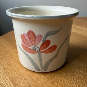 May include: Cream ceramic plant pot featuring a floral design. The flower has red and pink petals with a grey centre and grey leaves. The rim has a speckled blue-grey trim. The pot sits on a wooden surface.