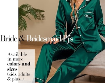 Brautjungfer Pyjama-Sets - personalisierte Satin-PJs für Brautparty, mit Monogramm, die bereit sind, Bachelorette & Hochzeit Loungewear Grün