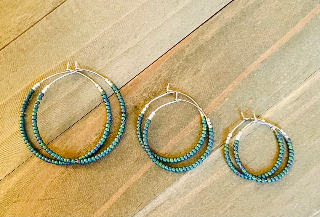 Teal Seed Bead Hoop Earrings, Beaded Hoop Earrings, Green Hoops, Boho