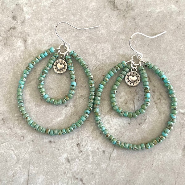 Double Hoop Earrings, Turquoise Teardrop Seed Bead Hoop Earrings, Picasso Seafoam Earrings, Seed Bead Earrings, Handmade Beaded Hoops