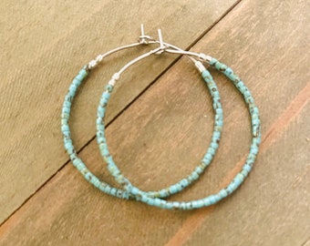 Beaded Hoop Earrings, Picasso Seed Bead Hoop Earrings, Turquoise Seed Bead Hoops, Seafoam Colored Hoops, Earring Gift Shop, Thin Hoops