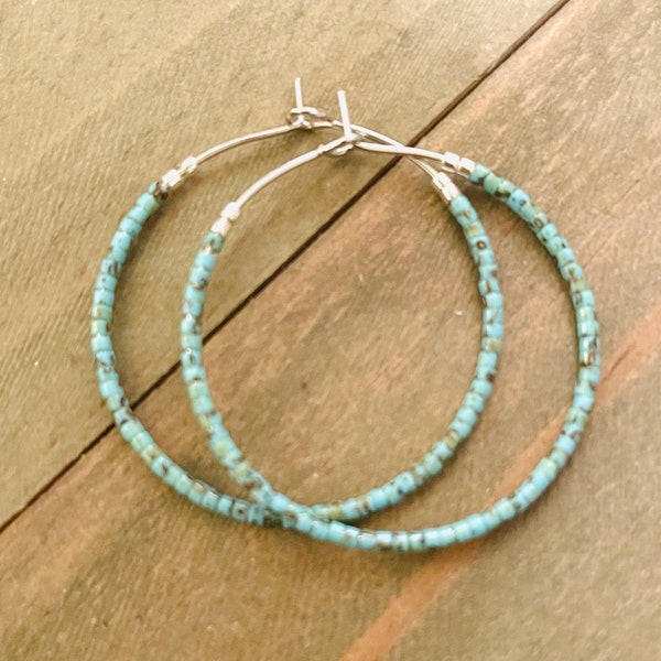 Beaded Hoop Earrings, Picasso Seed Bead Hoop Earrings, Turquoise Seed Bead Hoops, Seafoam Colored Hoops, Earring Gift Shop, Thin Hoops