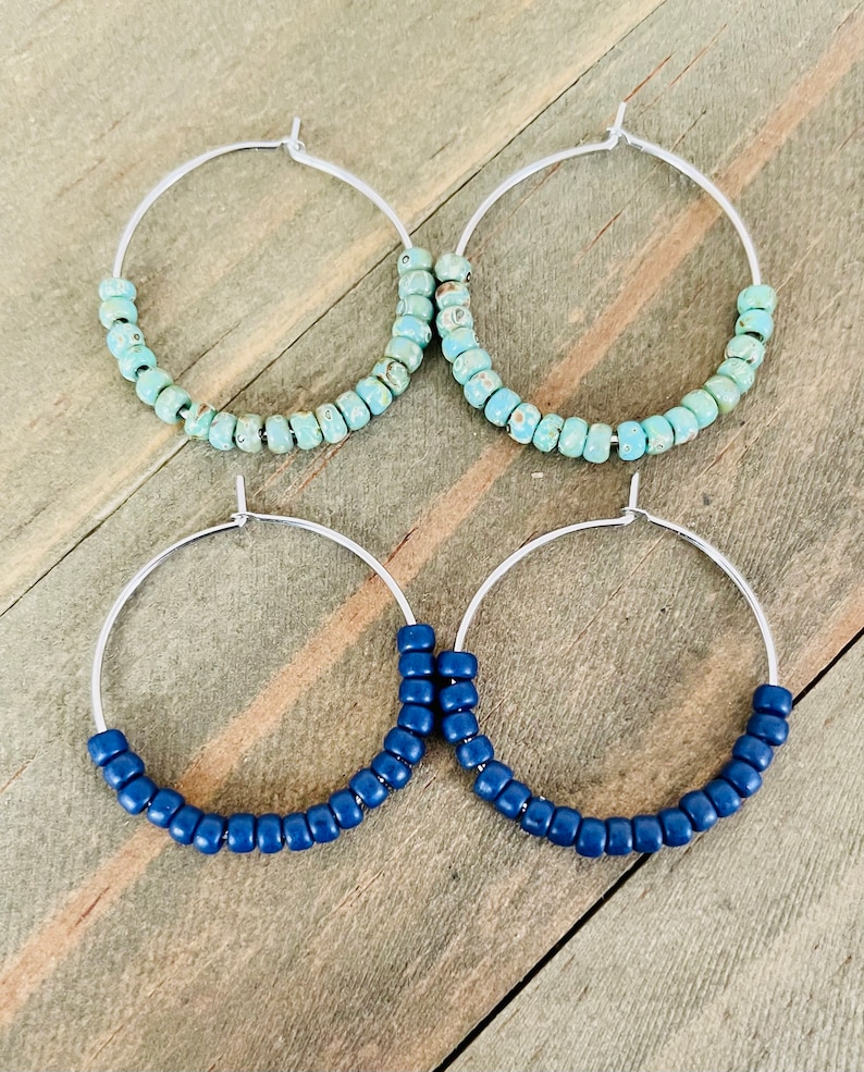 Seed Bead Hoop Earrings Silver Tone Mini Hoop Earrings Etsy